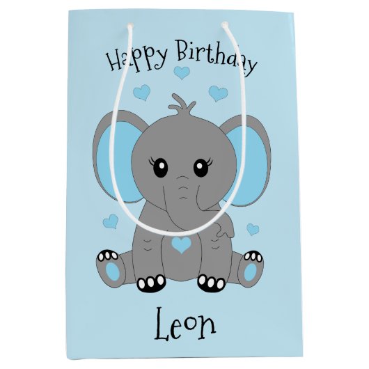 可愛いベビーゾウ青、男の子の誕生日 ミディアムペーパーバッグ (正面)
