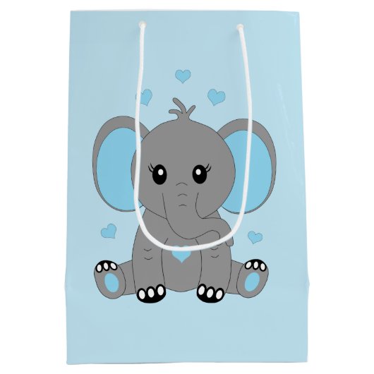 可愛いベビーゾウ青、男の子の誕生日 ミディアムペーパーバッグ (裏面)