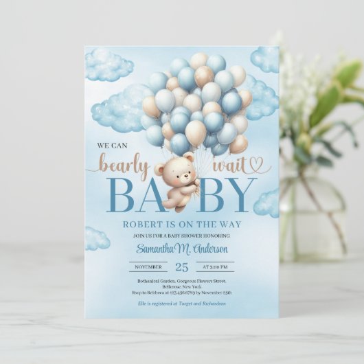 可愛いベビーテディベア青とアイボリーバルーン 招待状 (スタンド正面)