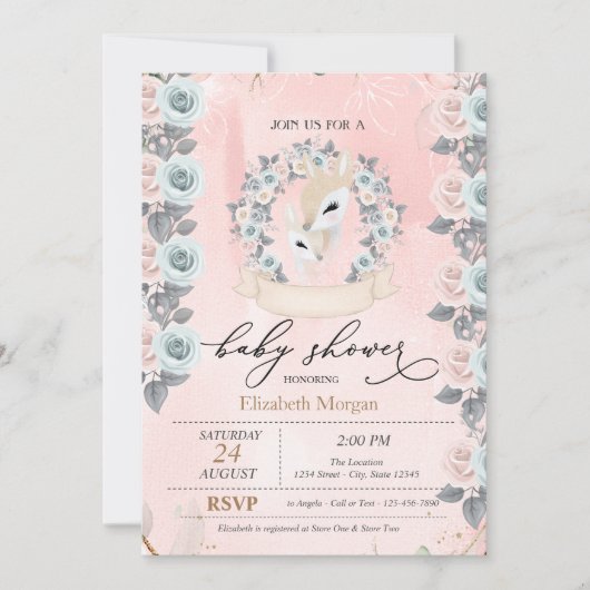 可愛いベビーデア縁どーバラ赤ちゃんシャワー 招待状 (正面)