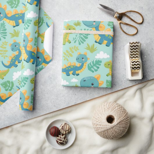 可愛いベビーディノ、ボホスタイルシームレス ラッピングペーパー (クラフト)