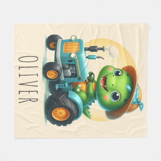 可愛いベビートレックス恐竜ブルートラクターを運転 フリースブランケット (正面(横))
