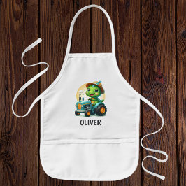 可愛いベビートレックス恐竜ブルートラクターを運転 子供用エプロン