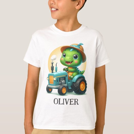 可愛いベビートレックス恐竜ブルートラクターを運転 Tシャツ (正面)