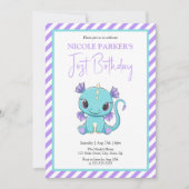 可愛いベビードラゴンパープルストライプ1st誕生日 招待状 (正面)