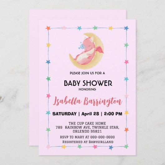 可愛いベビードラゴン恐竜バルーンガールベイビーシャワー 招待状 (正面/裏面)