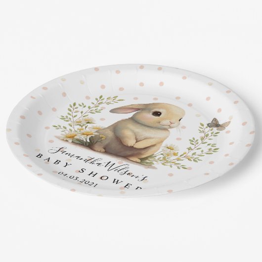 可愛いベビーバニーと蝶の赤ちゃんシャワー ペーパープレート (アングル)