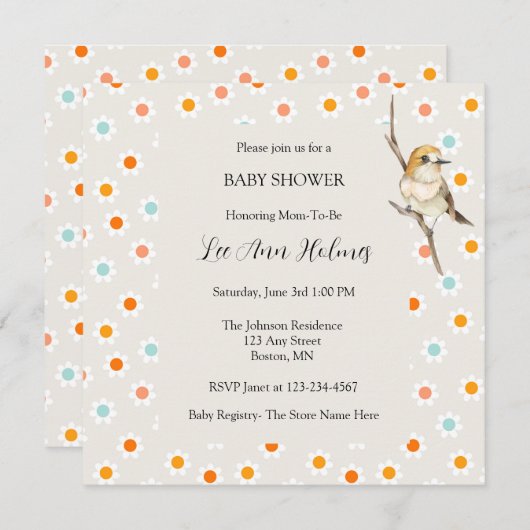 可愛いベビーバードミニフラワーベビーシャワー招待状 招待状 (正面/裏面)
