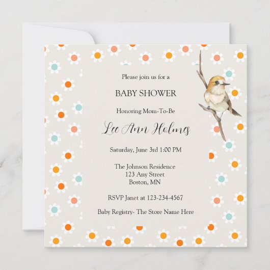 可愛いベビーバードミニフラワーベビーシャワー招待状 招待状 (正面)