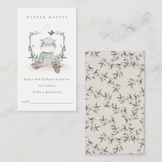 可愛いベビーヒッポ葉おむつラッフルベビーシャワー エンクロージャーカード (正面/裏面)