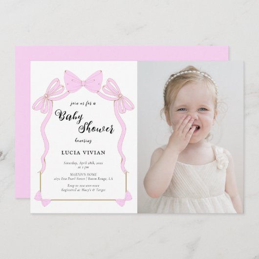 可愛いベビーピンクコケットボウフォトベビーシャワー 招待状 (正面/裏面)