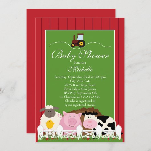 可愛いベビーファームアニマルズベビーシャワー招待状 招待状 (正面/裏面)