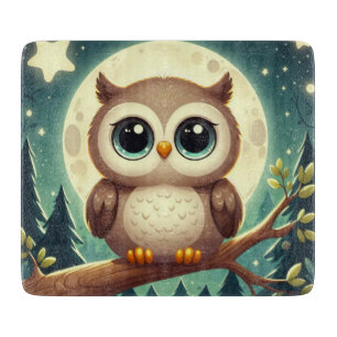 可愛いベビーフクロウ夜の月 カッティングボード