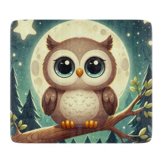 可愛いベビーフクロウ夜の月 カッティングボード (正面)