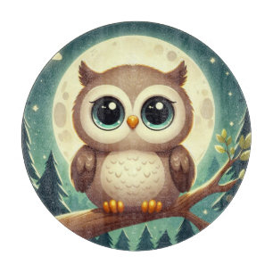 可愛いベビーフクロウ夜の月 カッティングボード