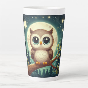 可愛いベビーフクロウ夜の月 カフェラテマグ