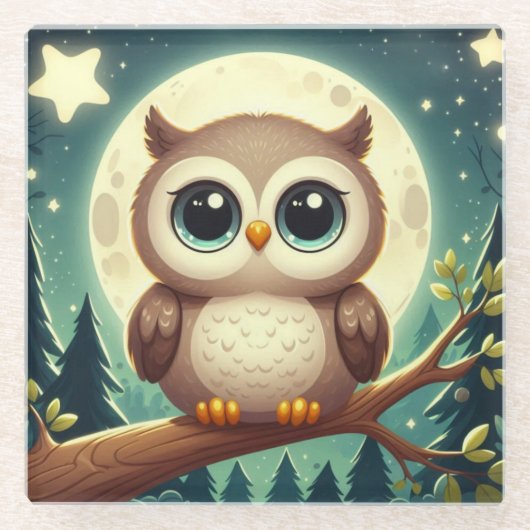 可愛いベビーフクロウ夜の月 ガラスコースター (正面)