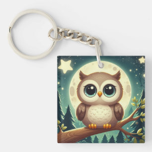 可愛いベビーフクロウ夜の月 キーホルダー