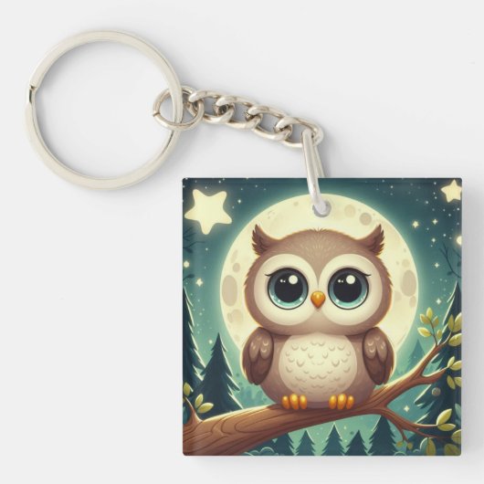 可愛いベビーフクロウ夜の月 キーホルダー (正面)