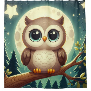 可愛いベビーフクロウ夜の月 シャワーカーテン