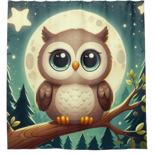 可愛いベビーフクロウ夜の月 シャワーカーテン (正面)