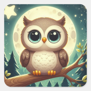 可愛いベビーフクロウ夜の月 スクエアシール