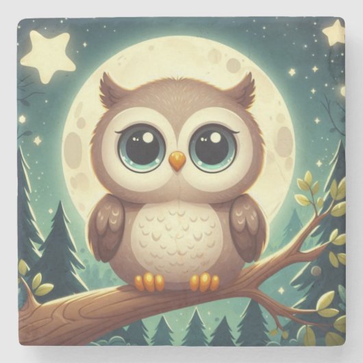 可愛いベビーフクロウ夜の月 ストーンコースター (正面)