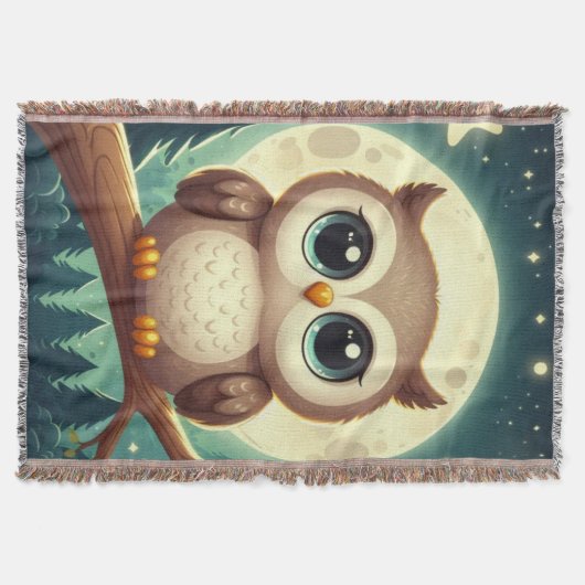可愛いベビーフクロウ夜の月 スローブランケット (正面)