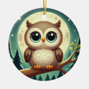 可愛いベビーフクロウ夜の月 セラミックオーナメント