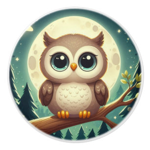 可愛いベビーフクロウ夜の月 セラミックノブ