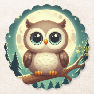 可愛いベビーフクロウ夜の月 ペーパーコースター