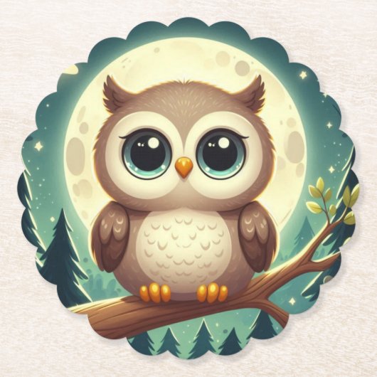 可愛いベビーフクロウ夜の月 ペーパーコースター (正面)
