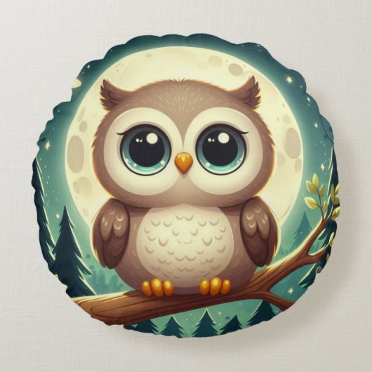 可愛いベビーフクロウ夜の月 ラウンドクッション (正面)