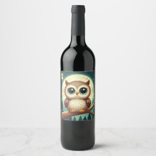 可愛いベビーフクロウ夜の月 ワインラベル