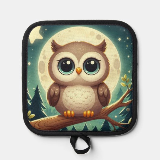 可愛いベビーフクロウ夜の月 鍋敷き (正面)