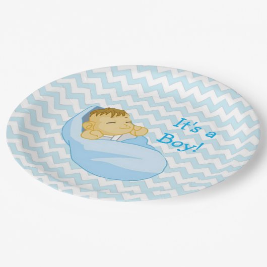 可愛いベビーブルー「男の子」赤ちゃんシャワープレート ペーパープレート (アングル)