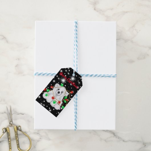 可愛いベビーホッキョクグマのクリスマスライト星空の夜 ギフトタグ (より糸付き)