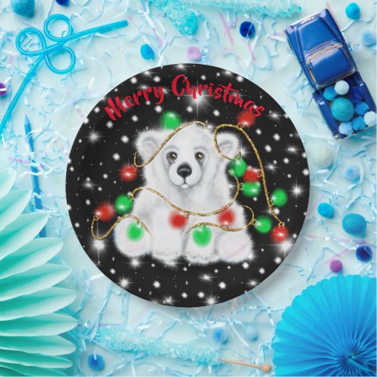 可愛いベビーホッキョクグマのクリスマスライト星空の夜 ペーパープレート (パーティー)