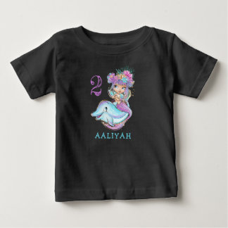 可愛いベビーマーメイドとドルフィン誕生日Tシャツ ベビーTシャツ