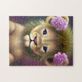 可愛いベビーライオンとピンクの花グラフィック ジグソーパズル (横)