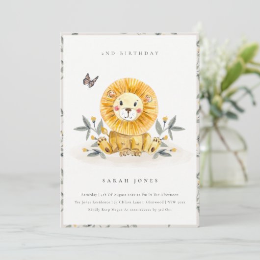 可愛いベビーライオンリーフ任意の年齢誕生日招待状 サンキューカード (スタンド正面)