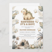 可愛いベビー先史時代男女兼用恐竜 招待状 (正面/裏面)