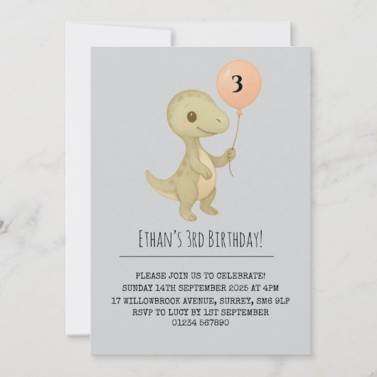 可愛いベビー恐竜とバルーン誕生日 招待状 (正面)