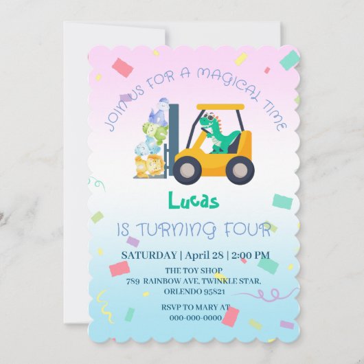 可愛いベビー恐竜トラクタートラック誕生日DIY名 招待状 (正面)