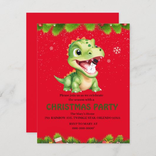 可愛いベビー恐竜保持雪だるまクリスマスパーティー シーズンカード (正面/裏面)