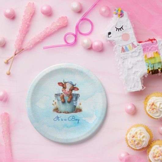可愛いベビー牛のバケツブルーの赤ちゃんシャワーその男の子 ペーパープレート (パーティー)