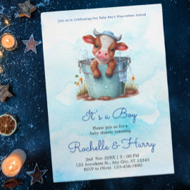 可愛いベビー牛のバケツブルーの赤ちゃんシャワーその男の子 招待状