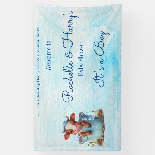 可愛いベビー牛のバケツブルーの赤ちゃんシャワーその男の子 横断幕 (縦)