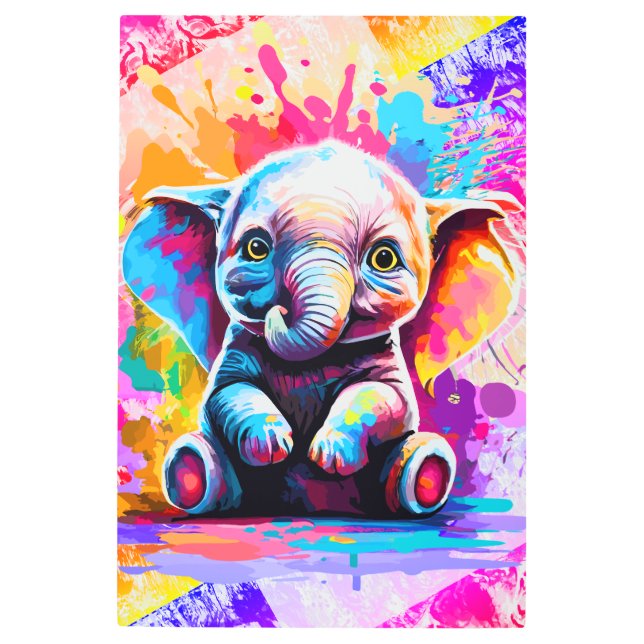 可愛いベビー象カラフル象 – 象絵を描象 メタルプリント (正面)