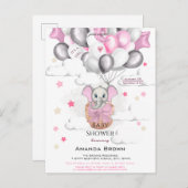 可愛いベビー象バルーンバスケットガールベビーシャワー インビテーションポストカード (正面/裏面)